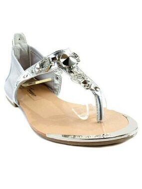NEW Women's Size 7 Metallic Silver Bling Rhinestones Thong Flat Bridal Sandals
